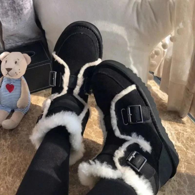 Fashion Shoes for Women Mid Calf Black Suede Platform Half High Womens Snow Boots Elastic Chunky Boot Female Furry Designer Luxury Sale
