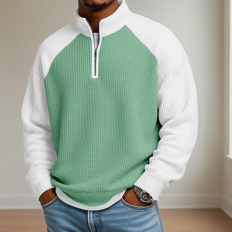 Spring Autumn Waffle Tops Men Patchwork Half Zipper Stand Collar Sweatshirts Fashion Pullover Hoodie Streetwear Man