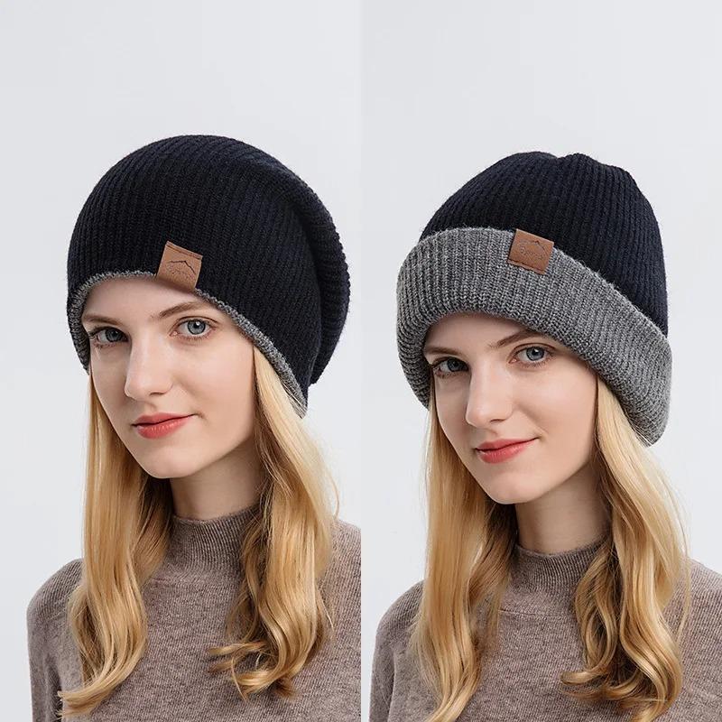 Winter Reversible Knitted Hat for Women Men Double Sided Solid Color Beanies Warm Thicken Bonnet Outdoor Windproof Sport Ski Cap Balaclava Beanie Hat