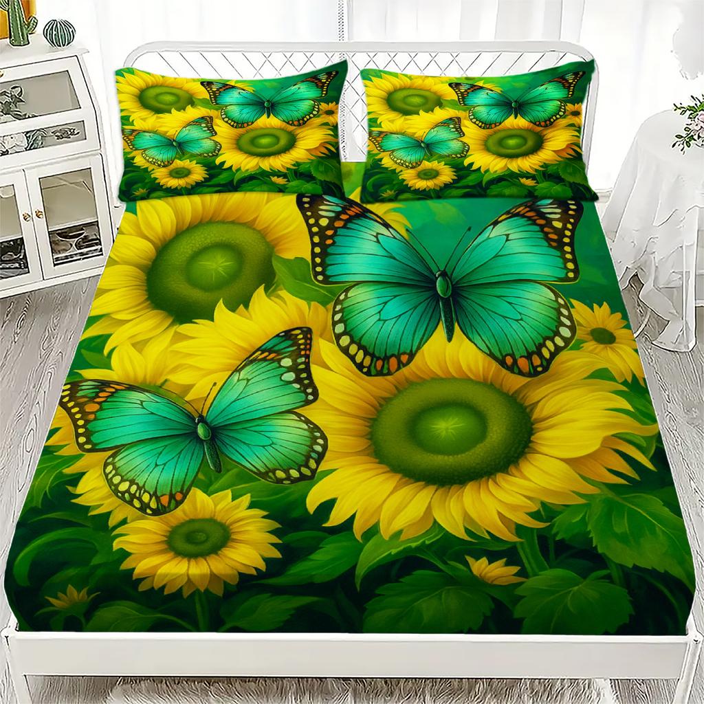 3pcs Fitted Sheet Set Colorful Flowers Flora Rose Print 100% Polyester Breathable Bedding Set for Home Decor with 2 Pillowcases