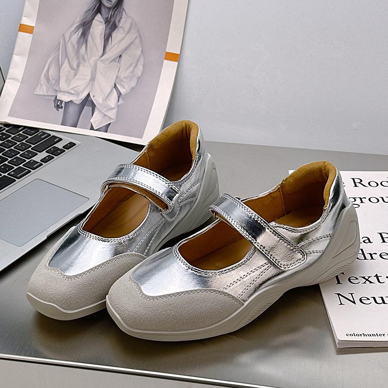 

F-6 spring new fashion ballet shoes Velcro versatile Mary Jane casual single shoes women 35 серебряный