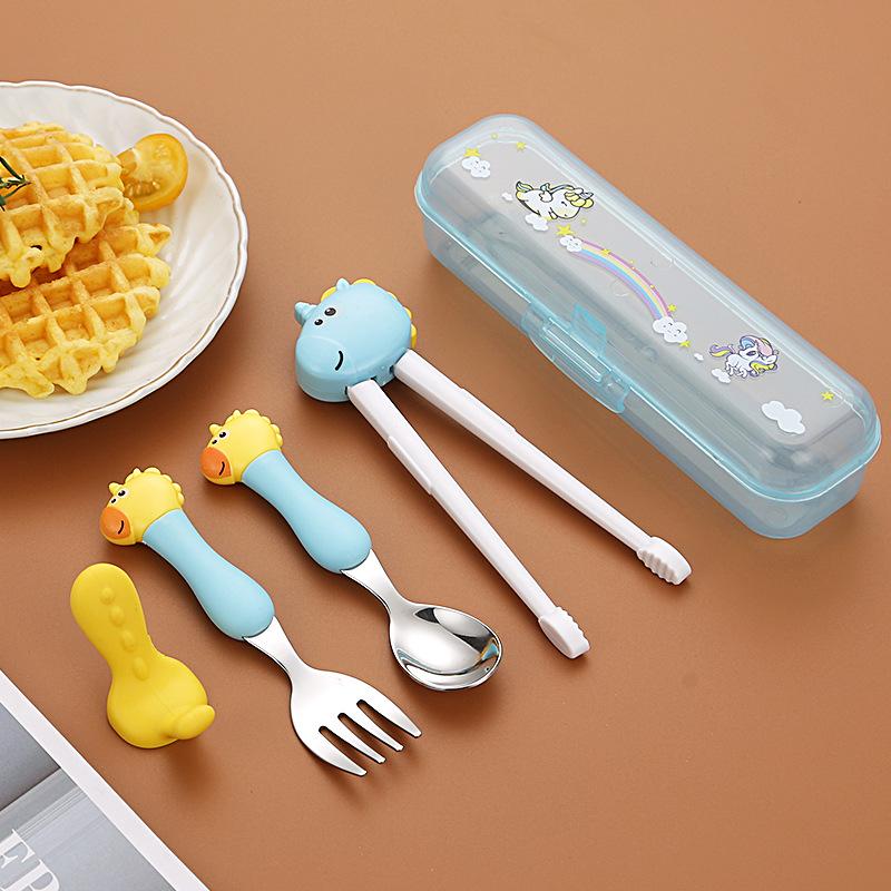 304 Stainless Steel Baby Tableware Set - Includes Spoon, Fork, Anti-Fall Cute Cartoon Chopsticks for Kids