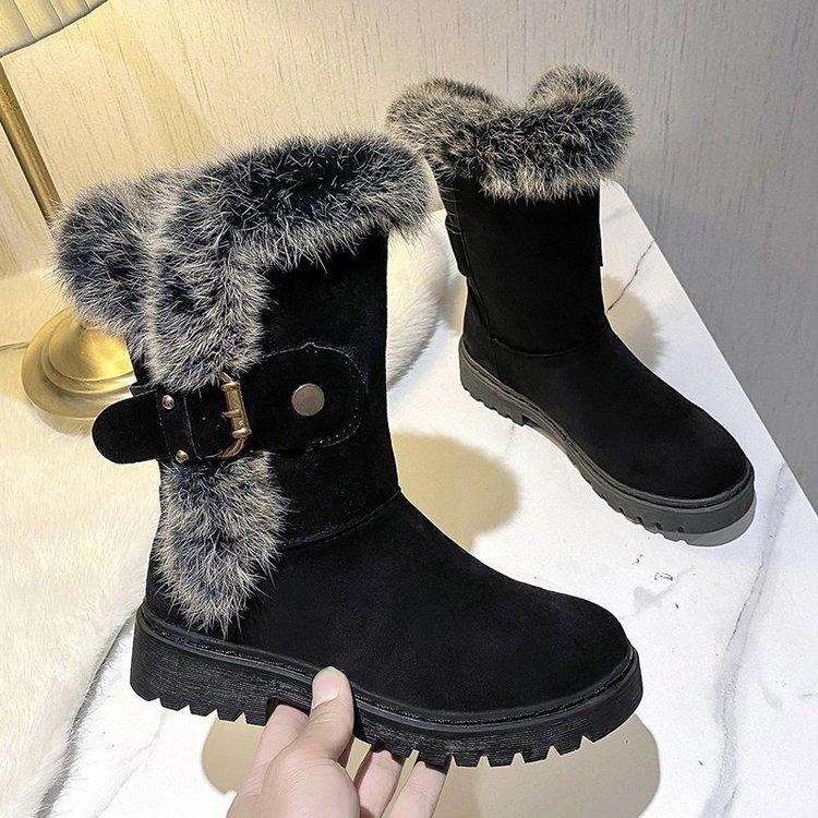 

Осенне-зимние зимние сапоги с европейским и американским мехом, пряжка ремня с круглой головкой на среднем каблуке, теплые и утолщенные хлопковые ботинки со средними рукавами, большие