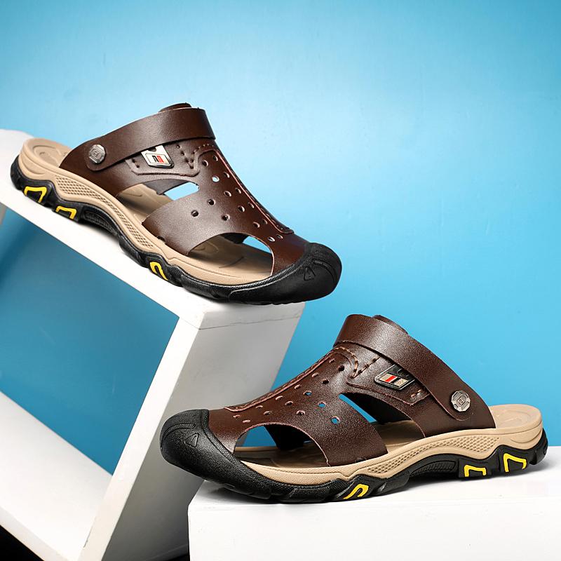 Comfy Summer Flats Hot Sale Mens Sandals Genuine Leather Beach Shoes Breathable Leisure Men Slippers Dual-Purpose Male Footwear