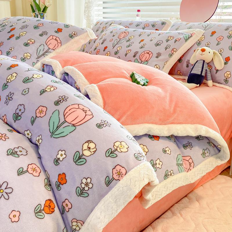 Retro pastoralny styl mleczny czteroczęściowy prześcieradło poszwa na kołdrę pogrubiony ciepły pokrowiec na kołdrę na łóżko koralowy aksamit zimowy trzyczęściowy zestaw