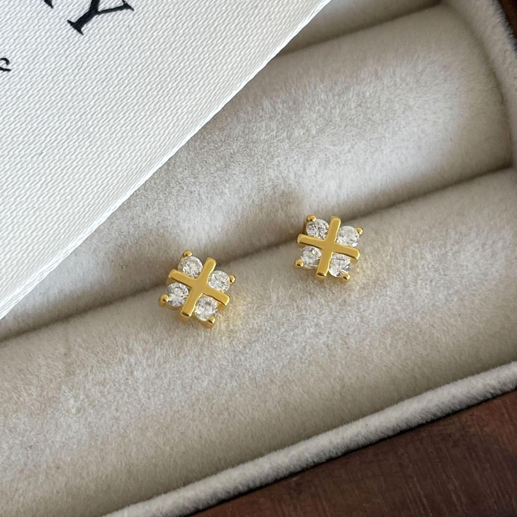 18K Gold-Plated S925 Sterling Silver Stud Earrings - Rhombus, Cross, Floral Design for Women, Niche Style