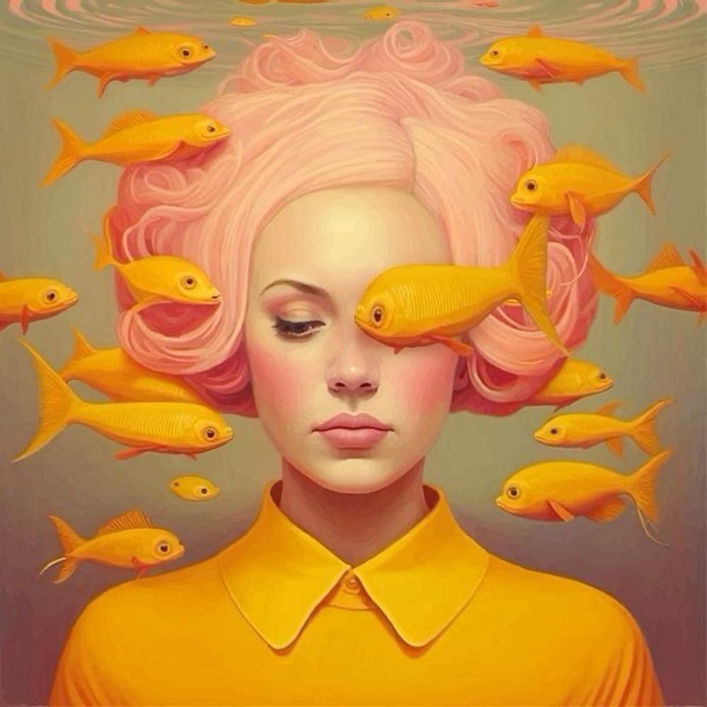 Surrealist Female Portrait Oil On Canvas Wall Art Fantastic Fantasy Fish and Girl Poster Printed Living Room Home Decor