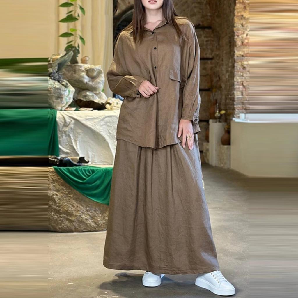 Women's Fashion Casual Retro Large Size Lapel Long Sleeve Shirt Dress Casual Two-piece Set