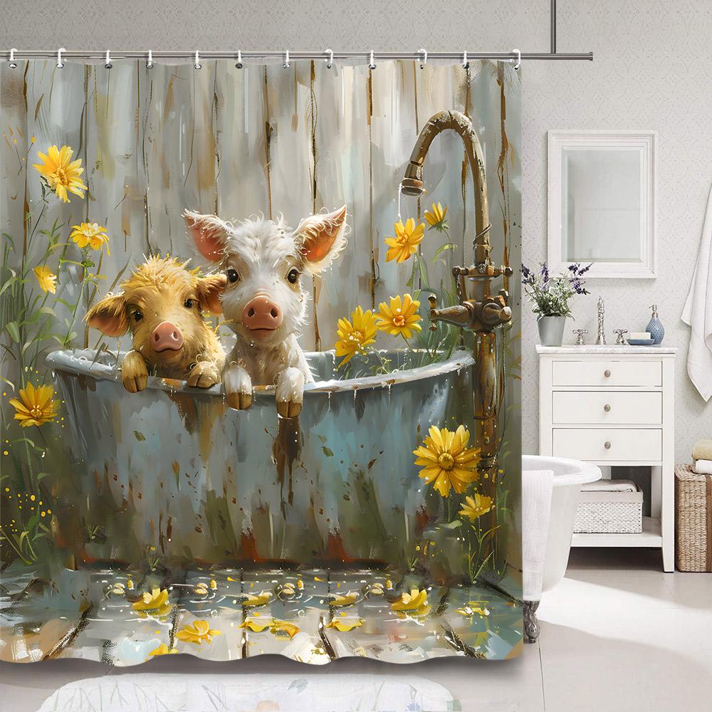 Cute Pig in Bathtub Bath Curtain for Kids Funny Cartoon Animals Rustic Wooden Plank Polyester Fabric Bath Curtain Bathroom Dec