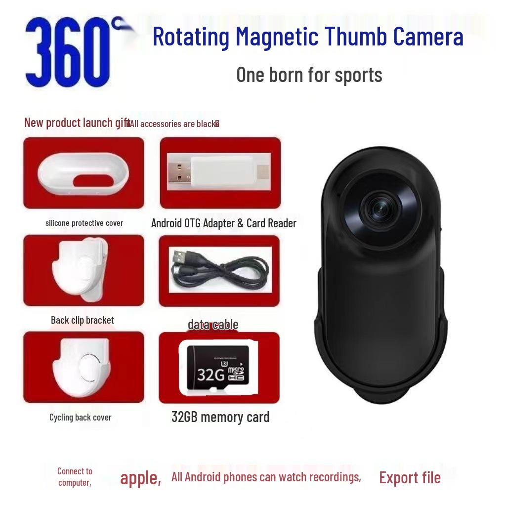 1080P HD Anti-Shake Thumb Action Camera with Lapel Clip for Cycling, Pets, Vlogs & More