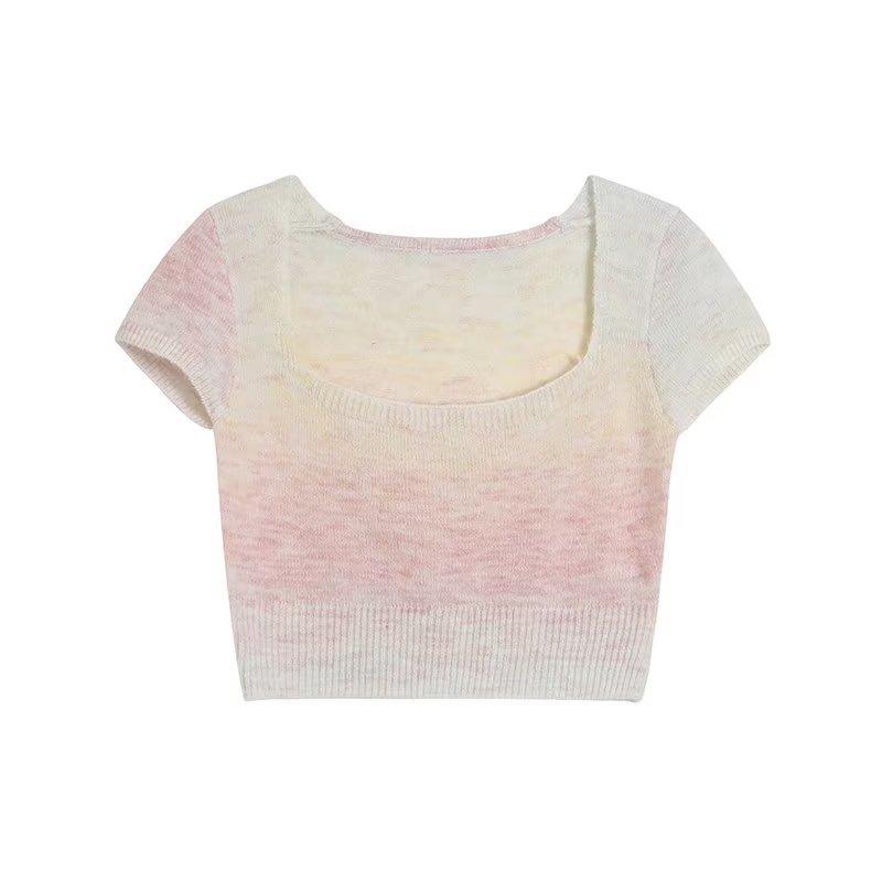 2025 Couleur Dégradée Col Carré Manches Courtes Style Européen et Américain Vêtements pour Femmes Nouveau Style Ventre Découvert T-shirt Top Tendance