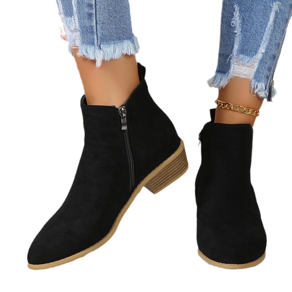 Short boots autumn and winter pointed suede side zipper thick heel Martin boots