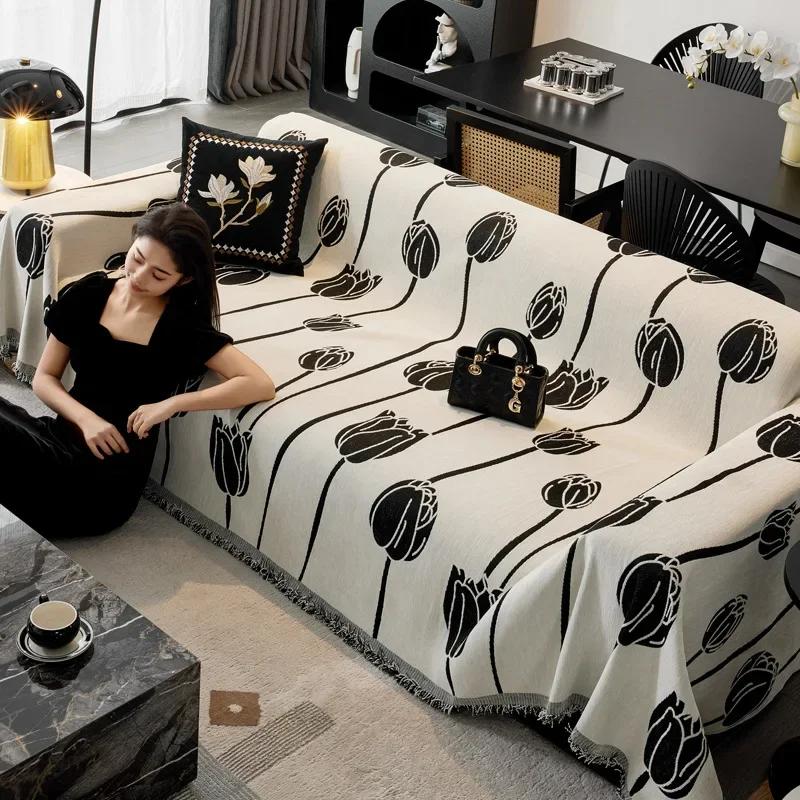 1/2/3Seater Print Chenille Sofa Throw Blanket Double-Side Anti-Wear Sofa Towel Camping Outdoor Blanket Tablecloth For Home Decor