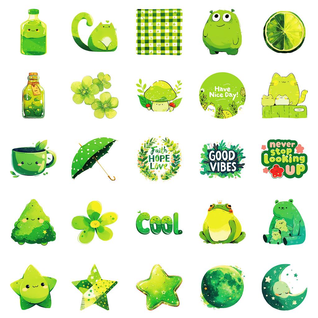 50 Green Graffiti Stickers Flowers Turtle Mushrooms Non-Repeating Decorative Stickers