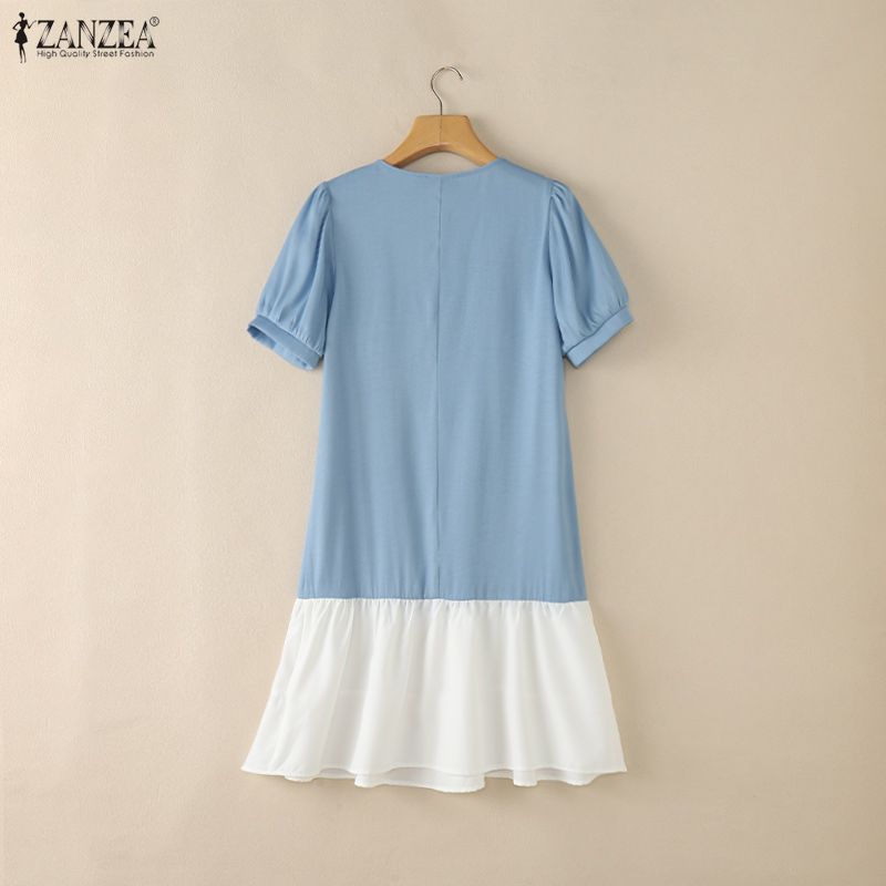 ZANZEA Women Casual Round Neck Loose Short Sleeve Splice Dress