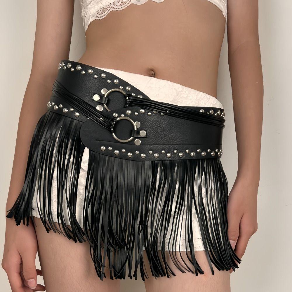Y2K Harajuku PU Leather Tassel Belt Punk Style Patchwork Design Wide Belt Western Cowboy Vintage Rivet Belt Daily Wear