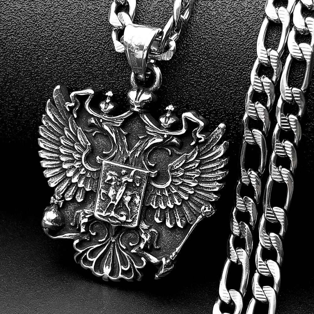 Russian Double-Headed Eagle National Emblem Symbol Pendant Necklace for Women Men Silver Color Stainless Steel Chain Jewelry