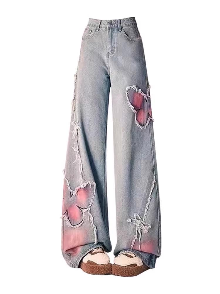 Jeans a vita alta a zampa larga tie-dye retrò da donna: Design Farfalla Nera
