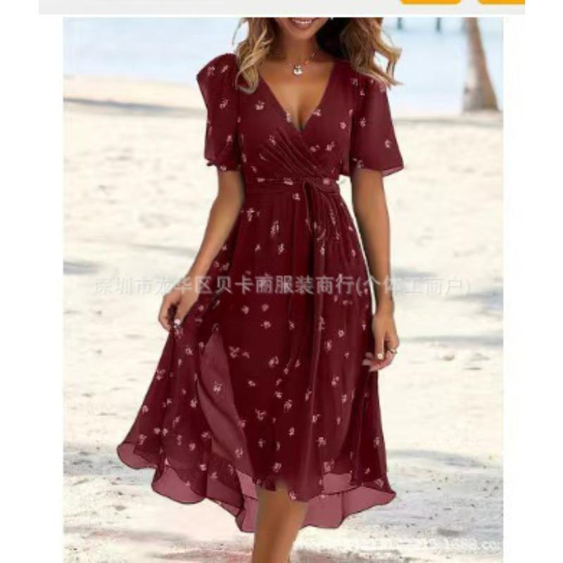 GMXIA Women's Fashion Summer Spring Short Sleeve V-Neck Casual Dresses