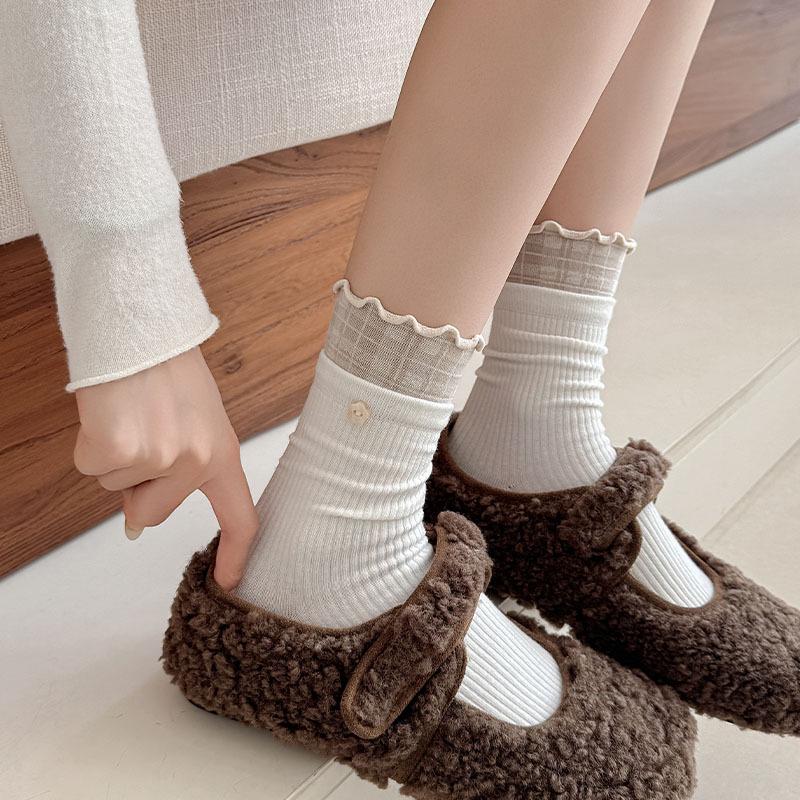 Ins-Style Double-Ribbed Plaid and Lace Mid-Calf Socks for Women - Korean Style, Perfect with Leather Shoes, Slouchy Fit