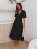 Women V Neck Puff Sleeve Tiered Maxi Dress with Waist Gathering Solid Color