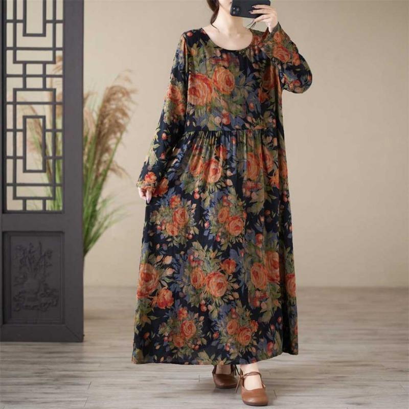Printed Round Neck Loose Plus Size Long Sleeve Dresses for Women