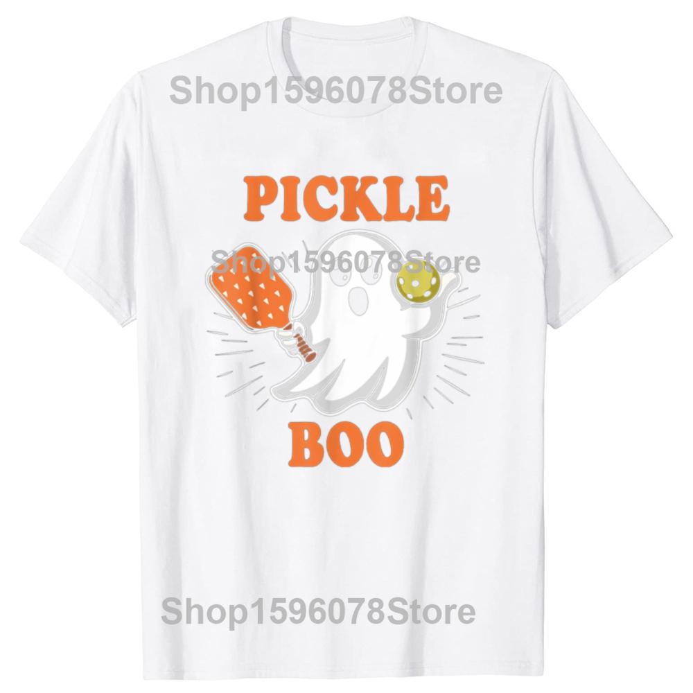 Funny Pickle-Boo Ghost Playing Pickleball Halloween T Shirts Men Cotton Humor Streetwear Tee Shirt Short Sleeve Unisex Clothing