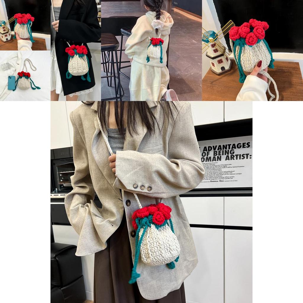 Woven Textile Rose Flower Bucket Bag With Inner Card And Phone Compartments For Casual Style
