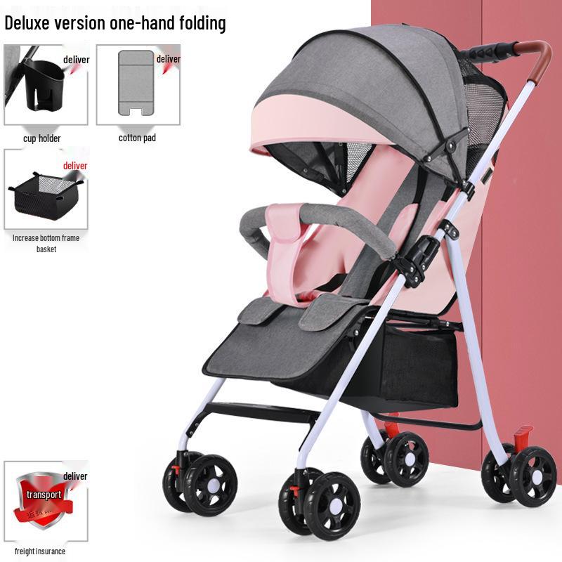 Lightweight Foldable Baby Stroller, Four-Wheeled, Convertible for Sitting or Lying, One-Button Fold Portable Design