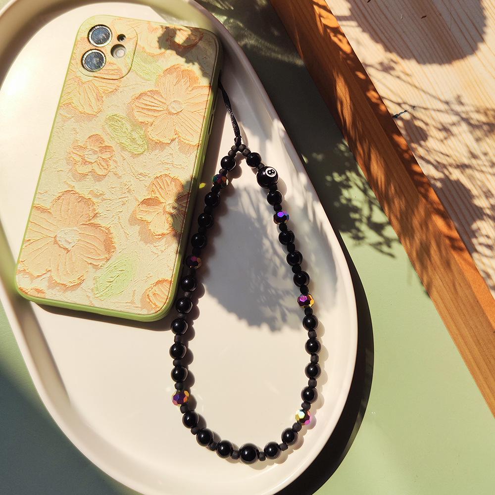 KKBEAD Snooker Number 8 Black Crystal Beaded Pendant Phone Lanyard