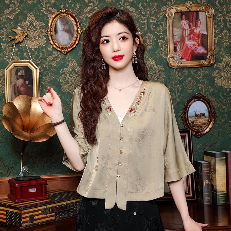 

Весна 2024 Женская ретро вышитая блузка в китайском стиле Тан из искусственного шелка 3XL зелёный