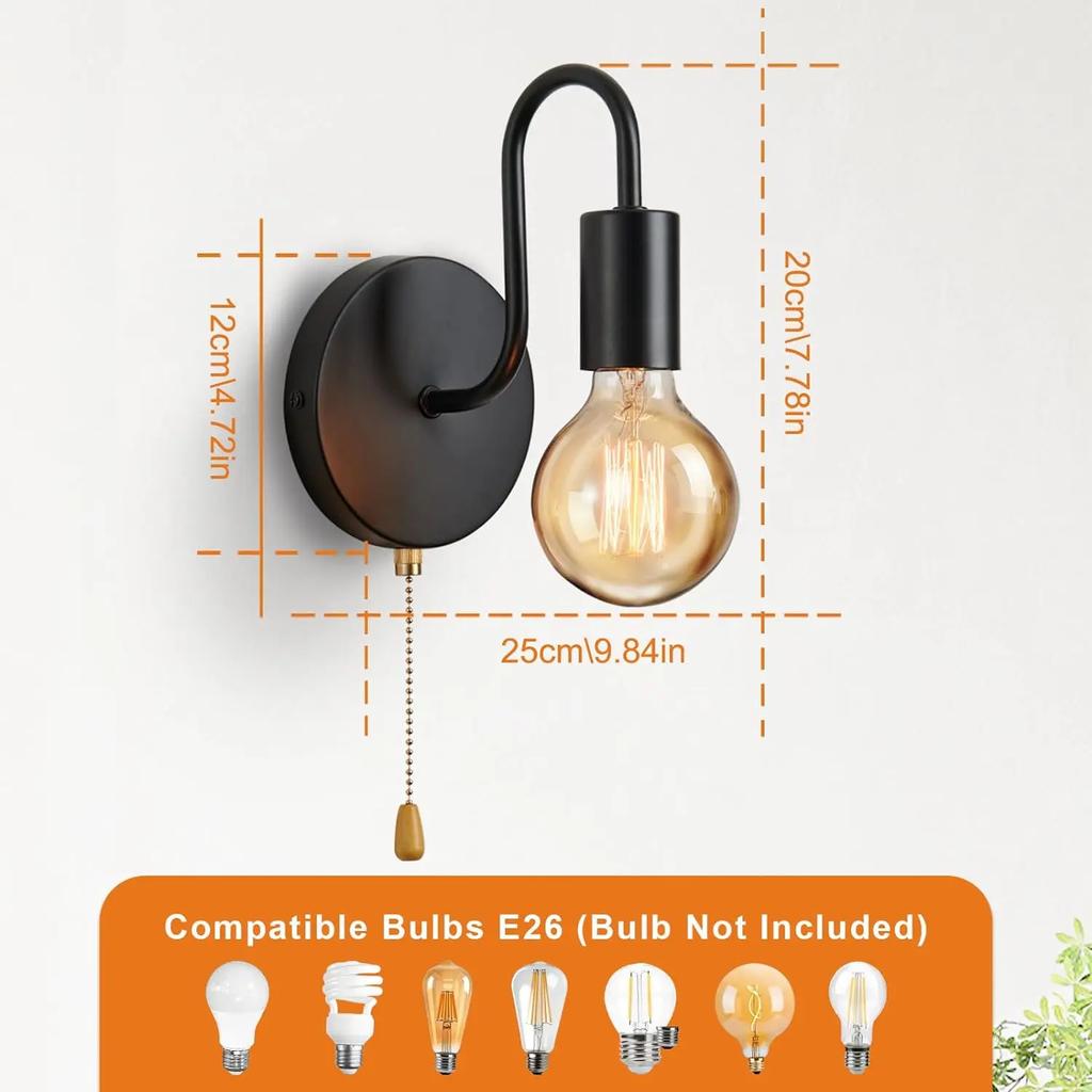 Vintage Pull Chain Wall Lights Set of Two, Black Sconce Industrial Lamp Hard Wired,  Bedroom Living Room Kitchen