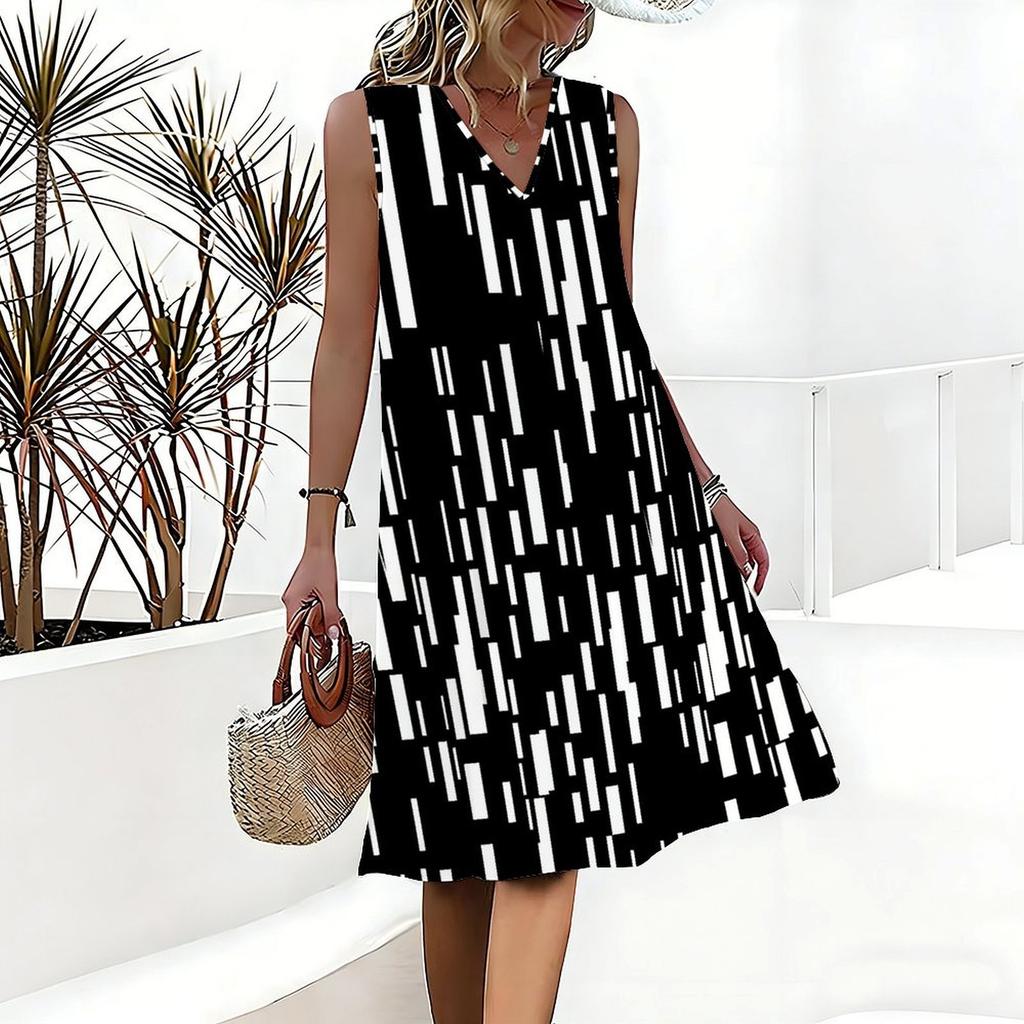 Plus Size V Neck Sleeveless Dress Watercolor Cherry Blossom Print For Spring Scenic Spot Tour