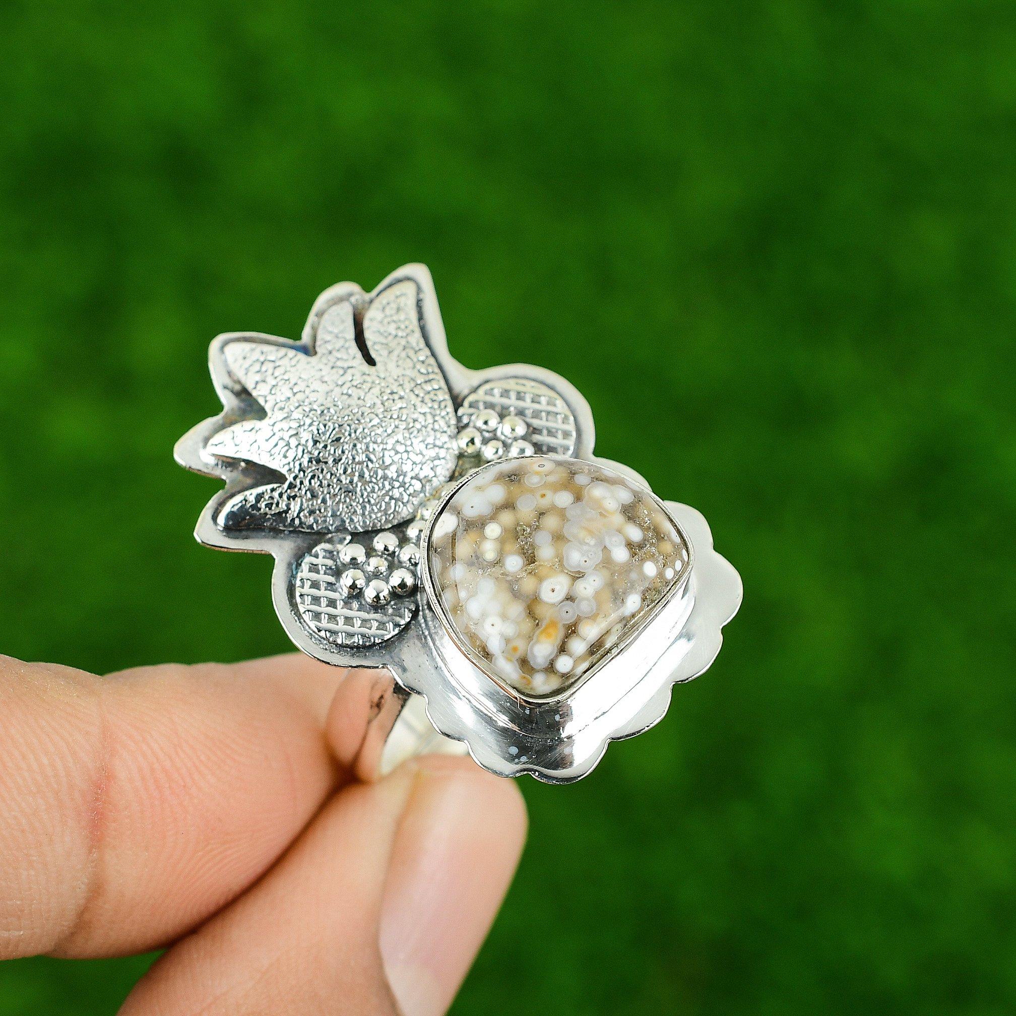 

Natural Ocean Jasper 925 Silver Statement Artisan New Promise Bezel Ring Jewelry Adjustable
