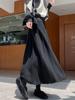Women's Black High-Waist A-Line Woolen Skirt - Ribbed, Thickened, Autumn/Winter Casual Skirt
