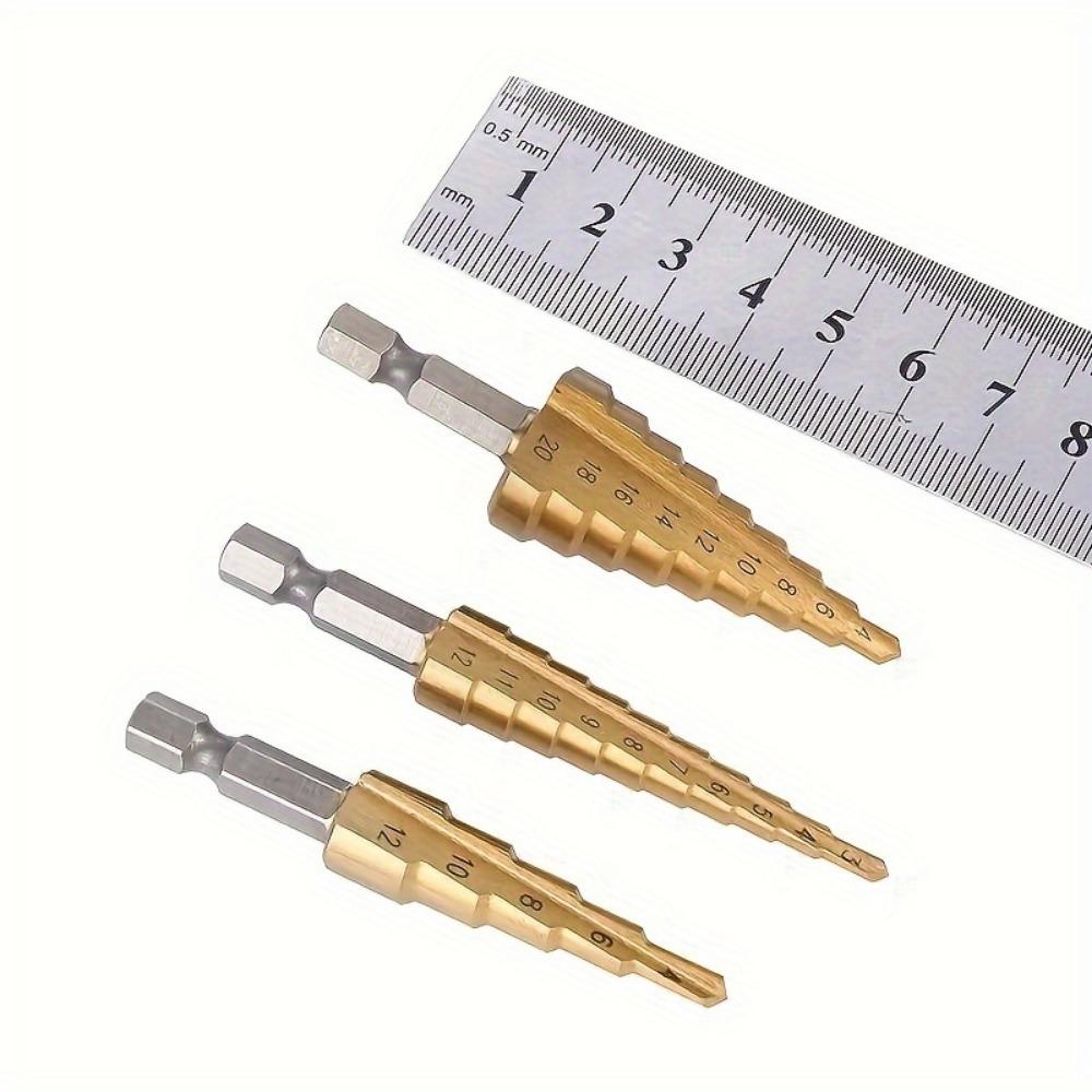 3pcs Step Drill Bit Set, HSS Titanium Step Drill Bits for Wood Metal Hole Cutter with Portable Bag, 3-12mm 4-12mm 4-20mm