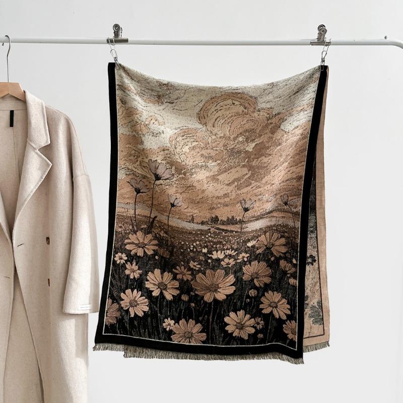 Autumn and winter new double-sided color oil painting series imitation cashmere thickened warm scarf women's air conditioner shawl