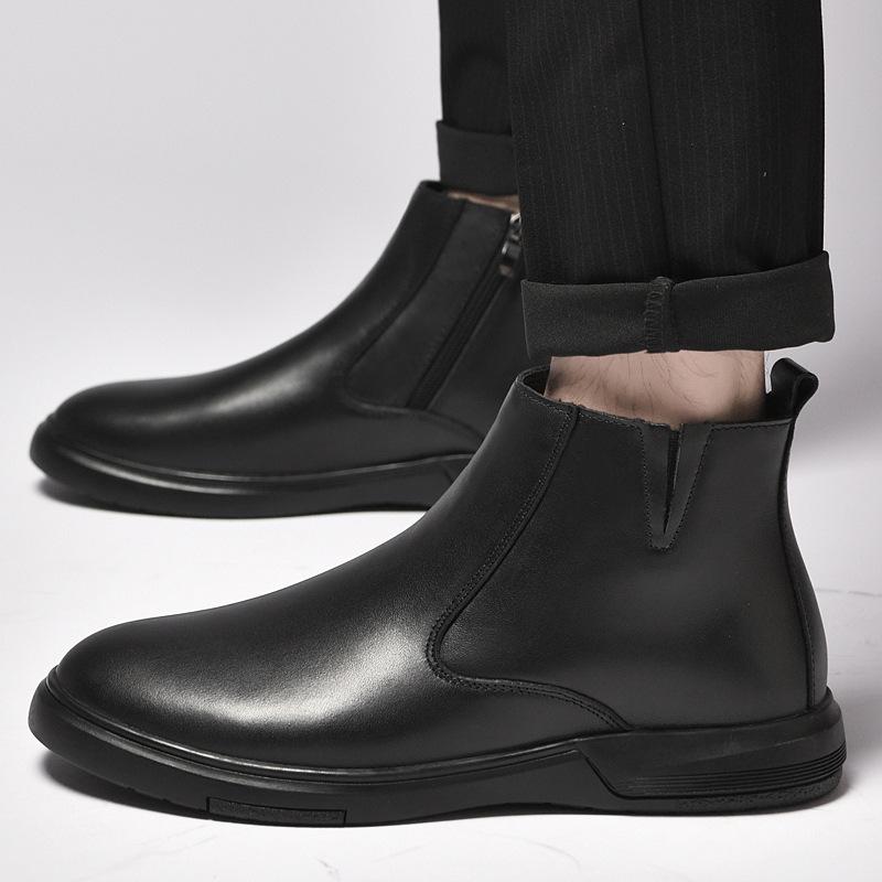 Autumn and winter men's leather boots first layer cowhide soft leather velvet high-top Chelsea boots cotton boots men's leather shoes