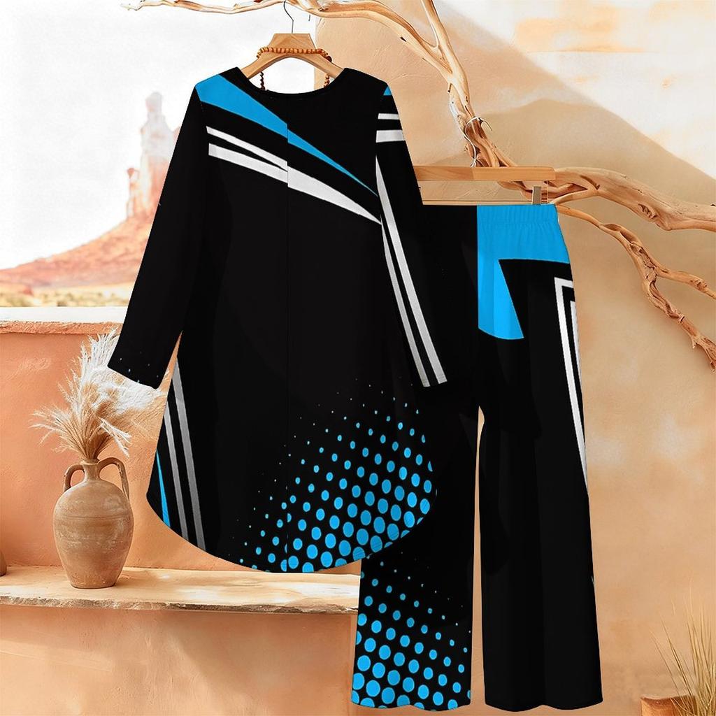 Marble Print Two Piece Outfit Women Long Sleeve Irregular Hem Tunic Top Wide Leg Pants Casual Matching Set
