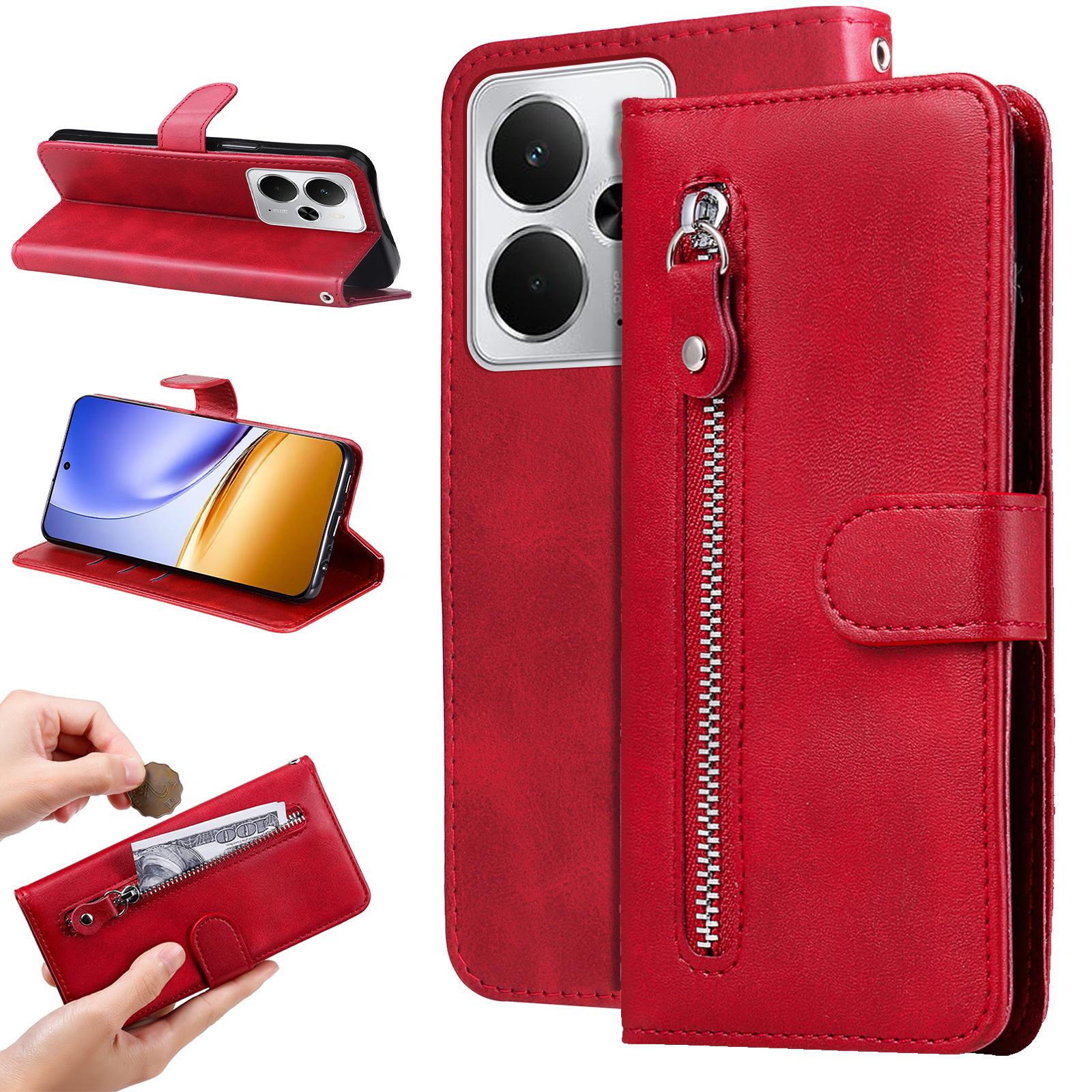 

For Realme 14 5G PU Leather Cases with Zipper Pocket Wallet Phone Cover Stand Pink