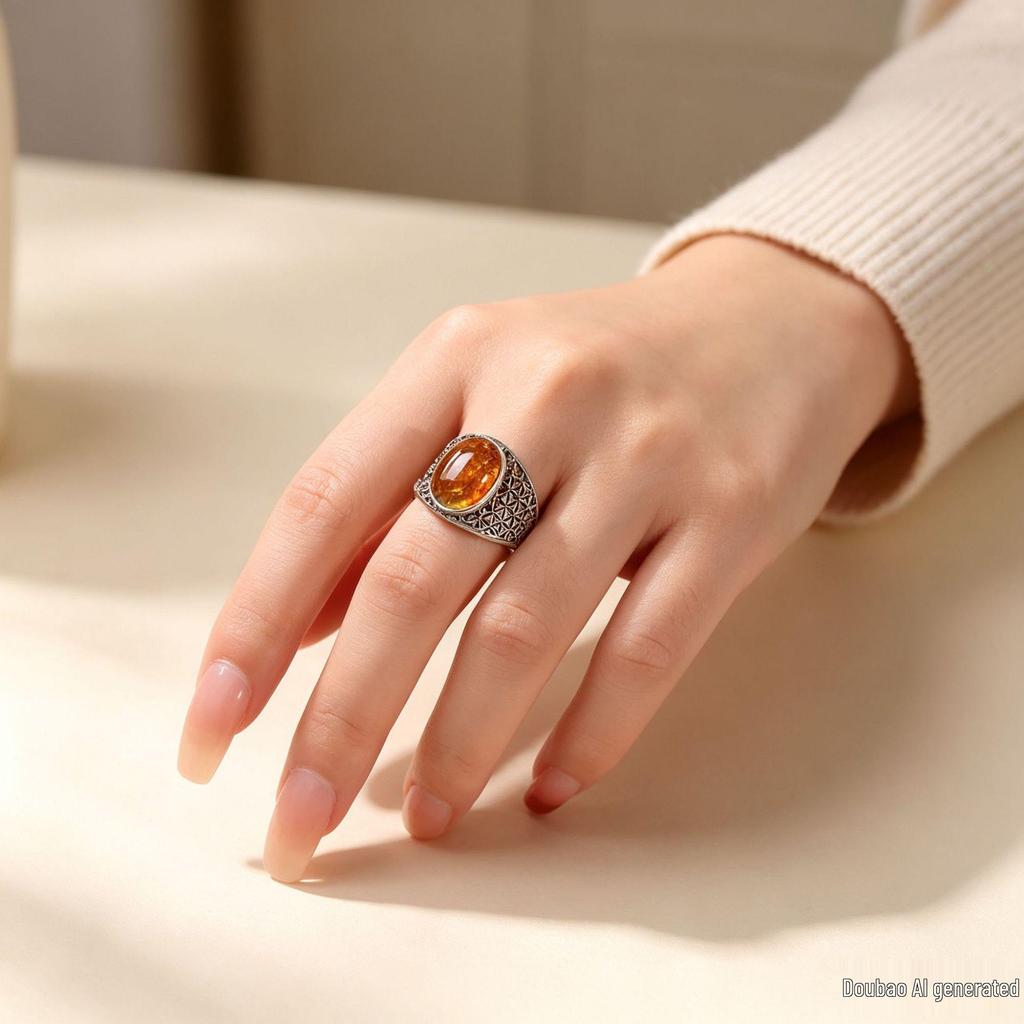Women's Elegant Hollow Amber Ring, Ancient Style, Retro 925 Silver with Floral Pattern and Inlaid Stone, for Index Finger.