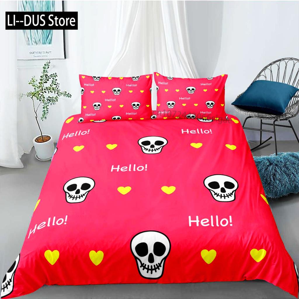 Skull Duvet Cover Set Gothic Death Moth Skull Love Heart Bedding Set For Boy Teen Microfiber Moth Skeleton King Size Quilt Cover