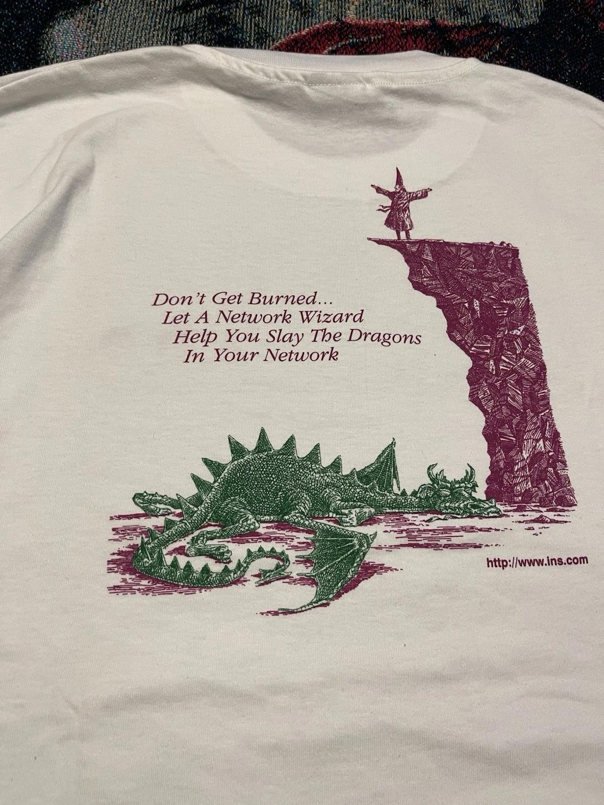 Vintage 90s International Network Services Dragon Slayer Wizard Shirt XL Tech 4XL