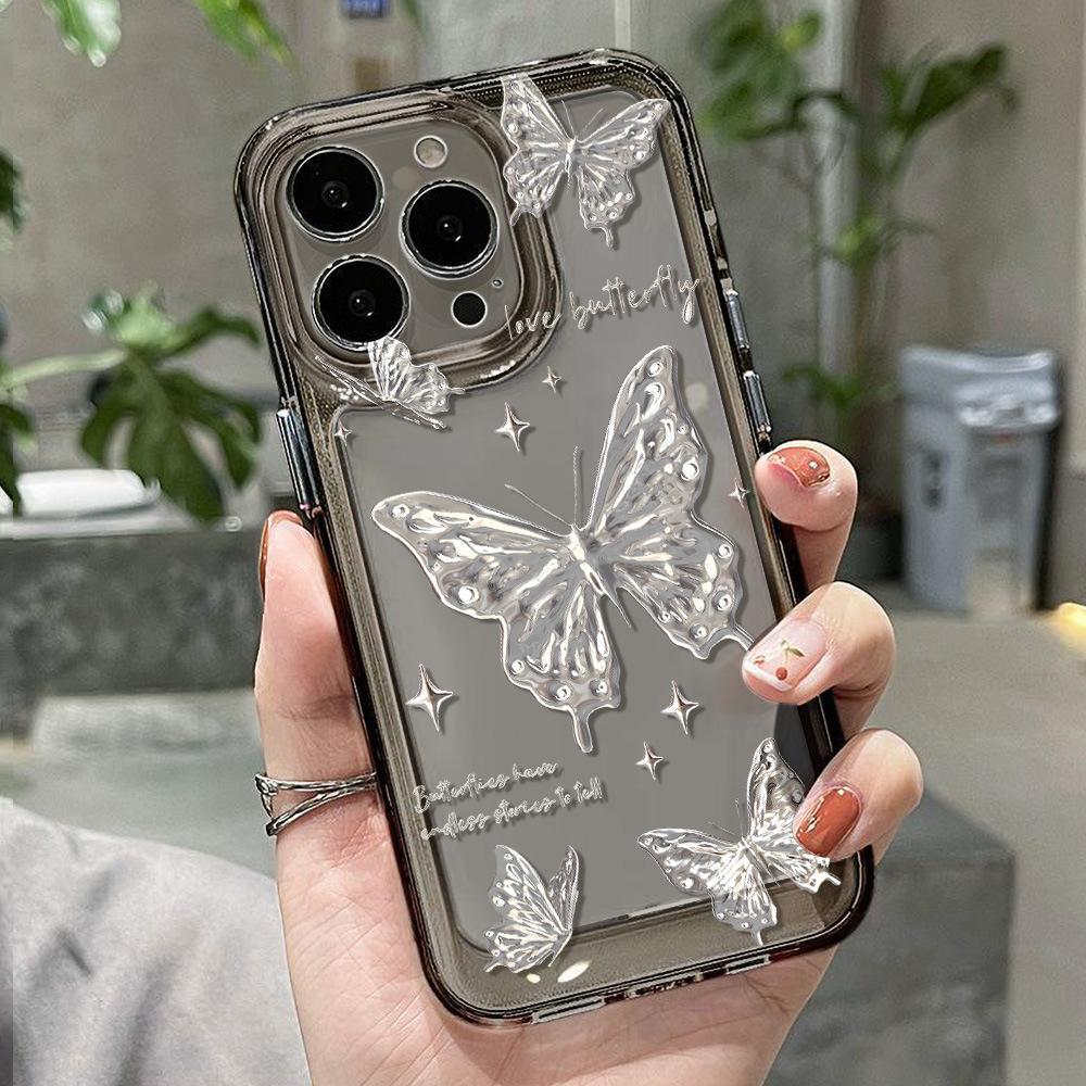 Silver butterfly for iPhone17 Pro space phone case Apple 16 transparent 15/14 advanced sense 13 fine holes