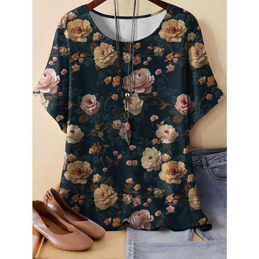 Summer Women Pattern Splicing Flower 3D Printed Short Sleeved T-shirt Fashionable Comfortable Soft Breathable Large Loose Retro Style T-shirt S