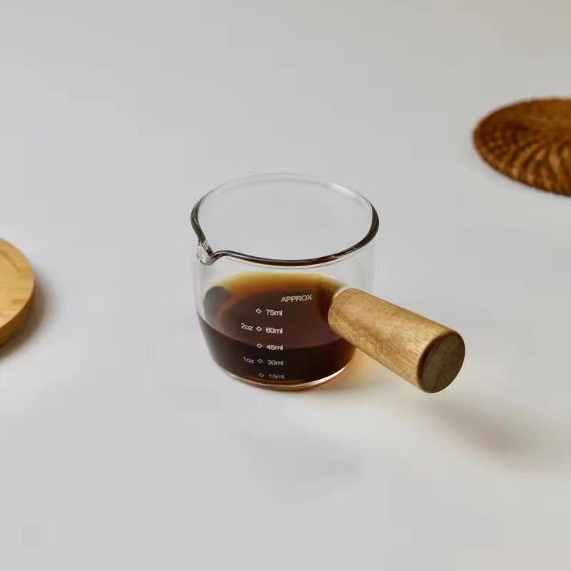 Small Milk Jug with Wooden Handle - Espresso Measuring Cup for Home