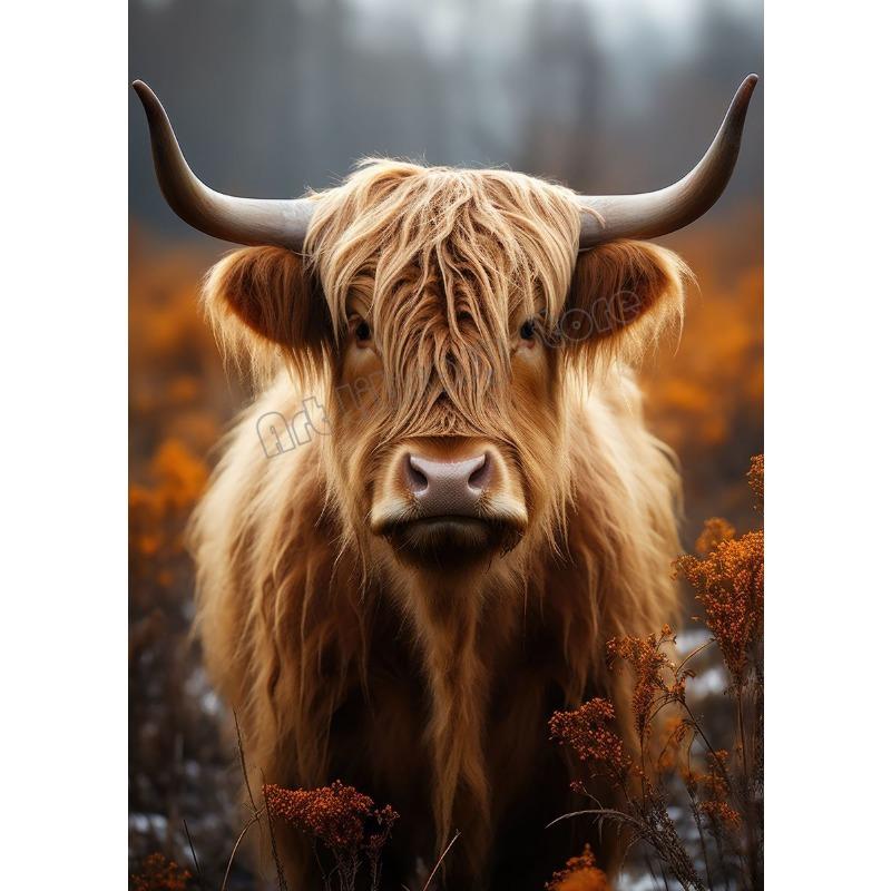 Scottish Highland Cow In Flowers Portrait Cute Wild Animals Poster Canvas Painting Wall Art Pictures Home Farmhouse Decor Gift