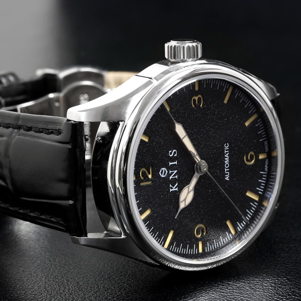 KNIS Lack, Made in Japan, Automatikuhr, Retro, Modern, Super Luminova, Saphirglas, Echtlederarmband, 10 ATM wasserdicht, Mechanisch, Schwarz