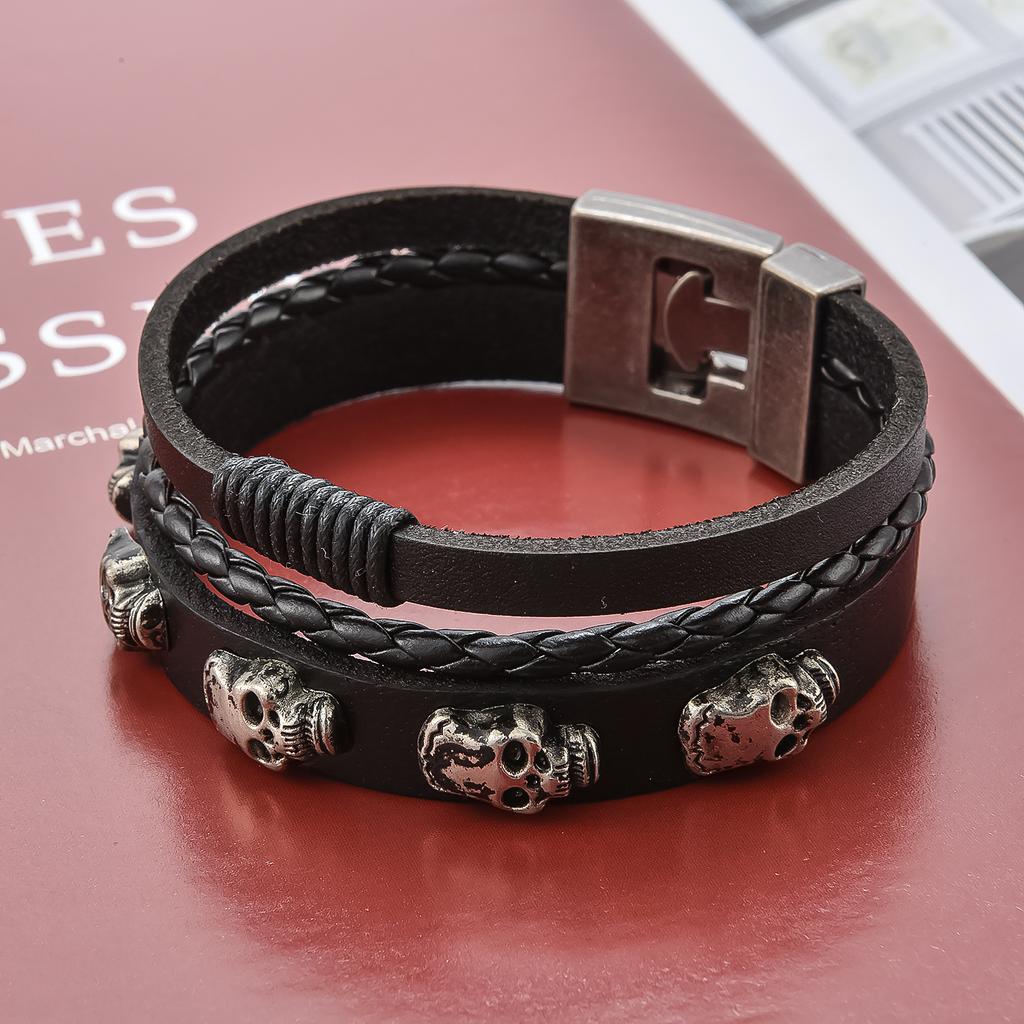 Accessories New Button Leather Jewelry Retro Stainless Steel Skull Braided Cowhide Bracelet Men