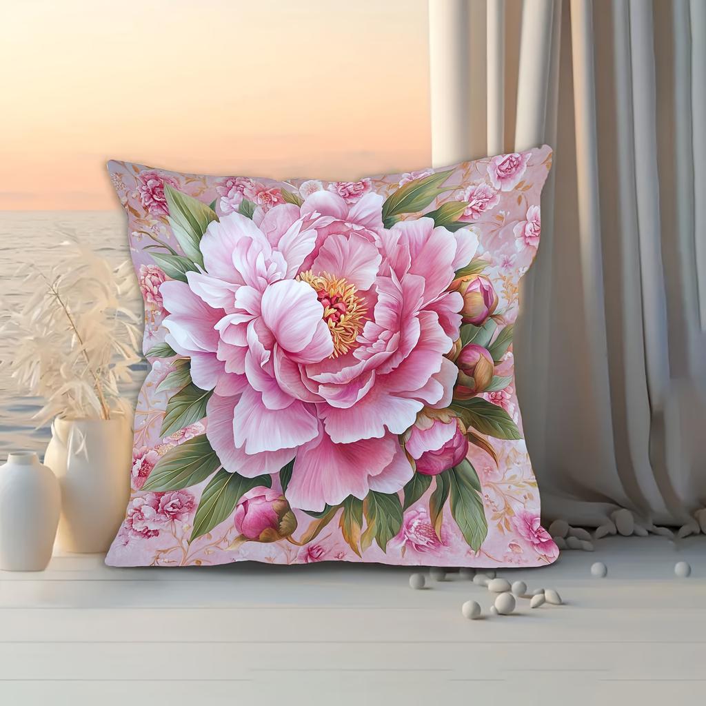 Elegant Pink Peony Floral Throw Pillow Cover, Soft Watercolor Style Peony Print Decorative Cushion For Living Room Sofa Couch